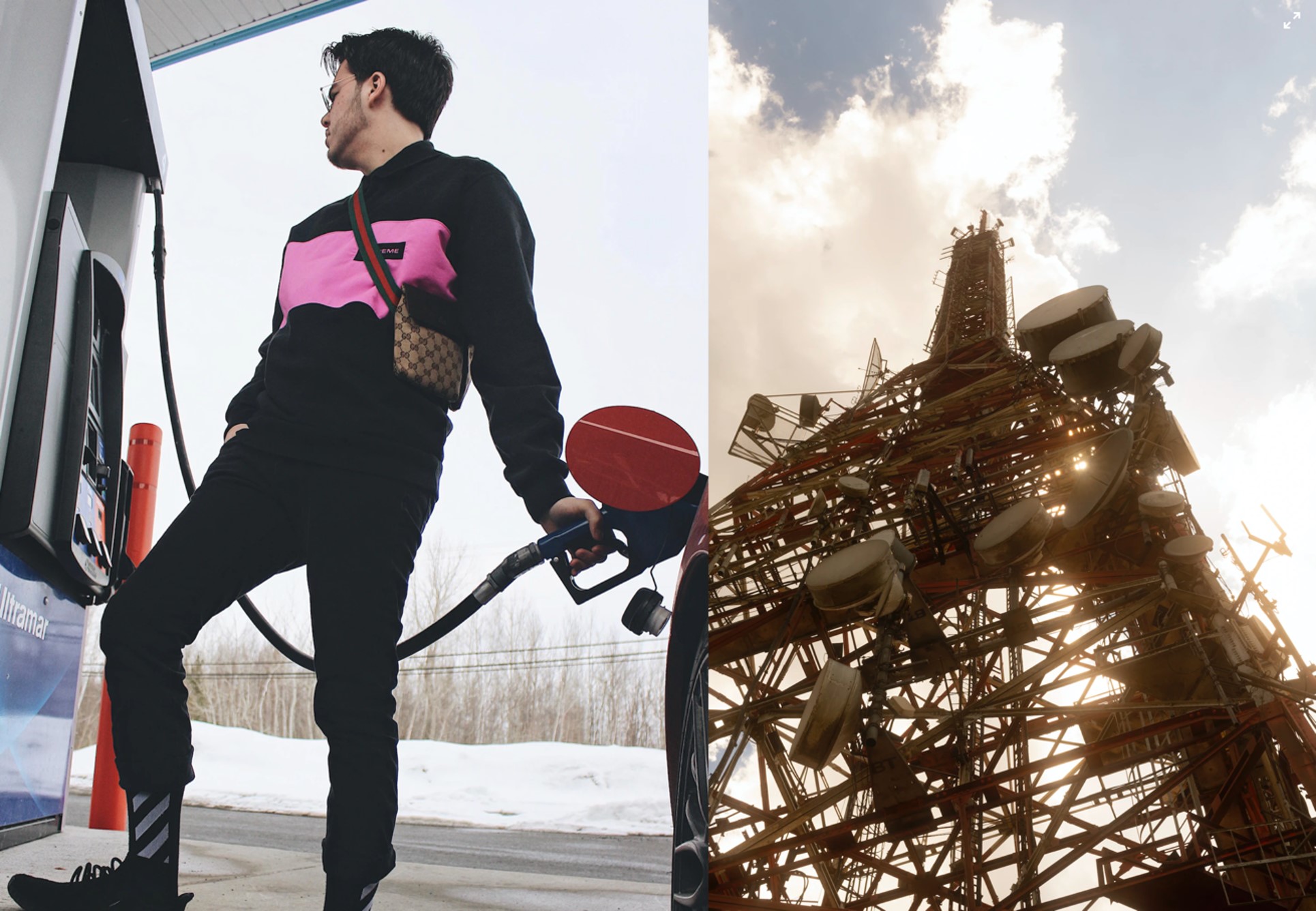 Man pumping gas and communications tower